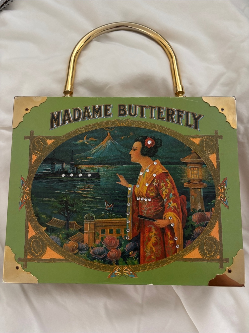 Madame Butterfly Cigar Box Purse gold handles gingham interior rhinestones